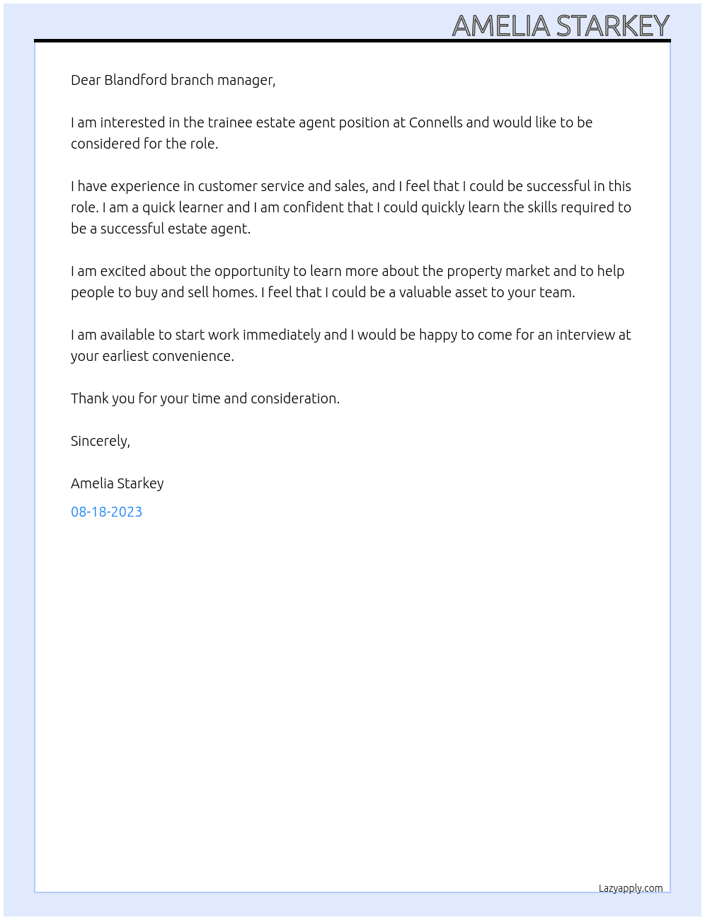 Trainee estate agent At Connells  Cover Letter