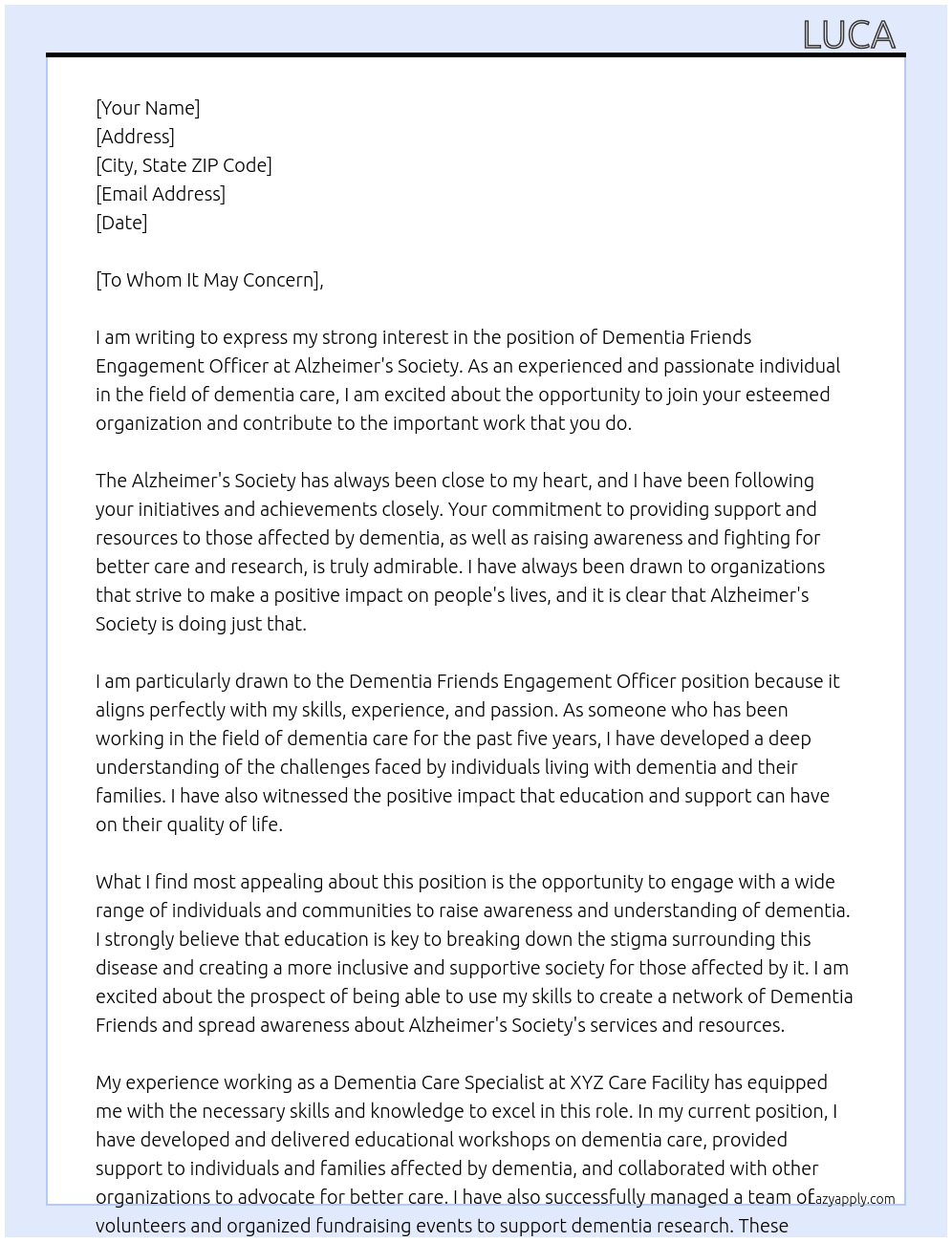 Dementia Friends Engagement Officer At Alzheimers Society Cover Letter