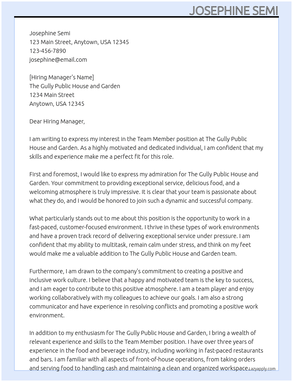 Team Member At The Gully Public House and Garden Cover Letter