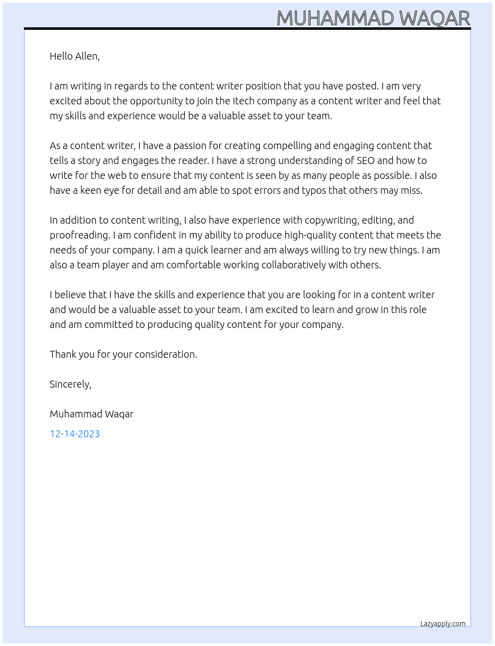 content writer  At Itech company Cover Letter