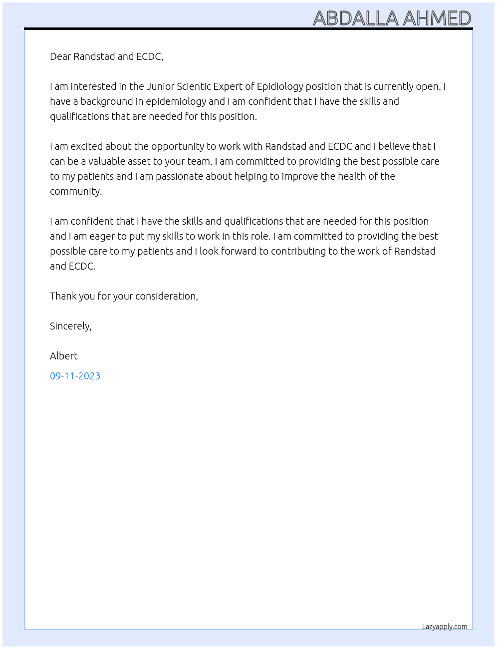 Junior Scientic Expert of Epidiology At Randstad and ECDC Cover Letter