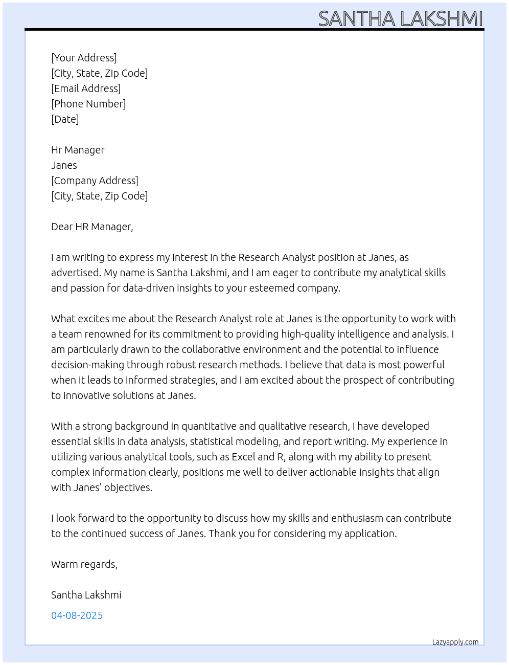 Research Analyst At Janes Cover Letter