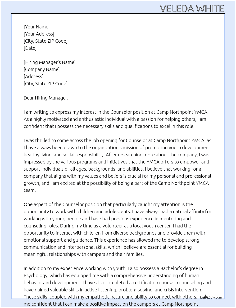 Counselor  At Camp Northpoint YMCA Cover Letter