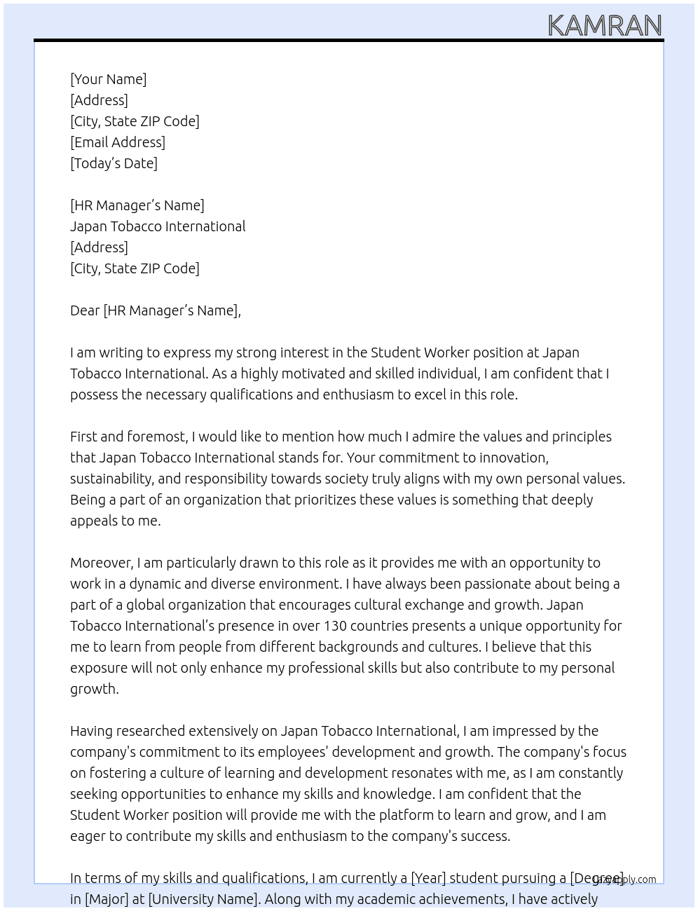 Student worker At Japan tobacco international  Cover Letter
