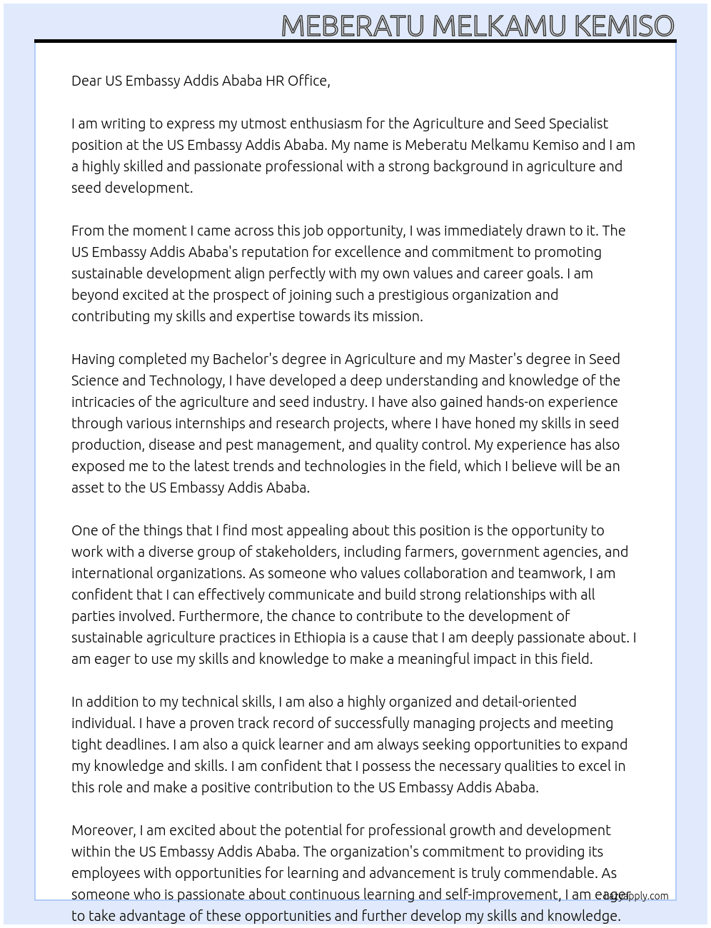 Agriculture and seed specialist  At US Embassy Addis Ababa  Cover Letter
