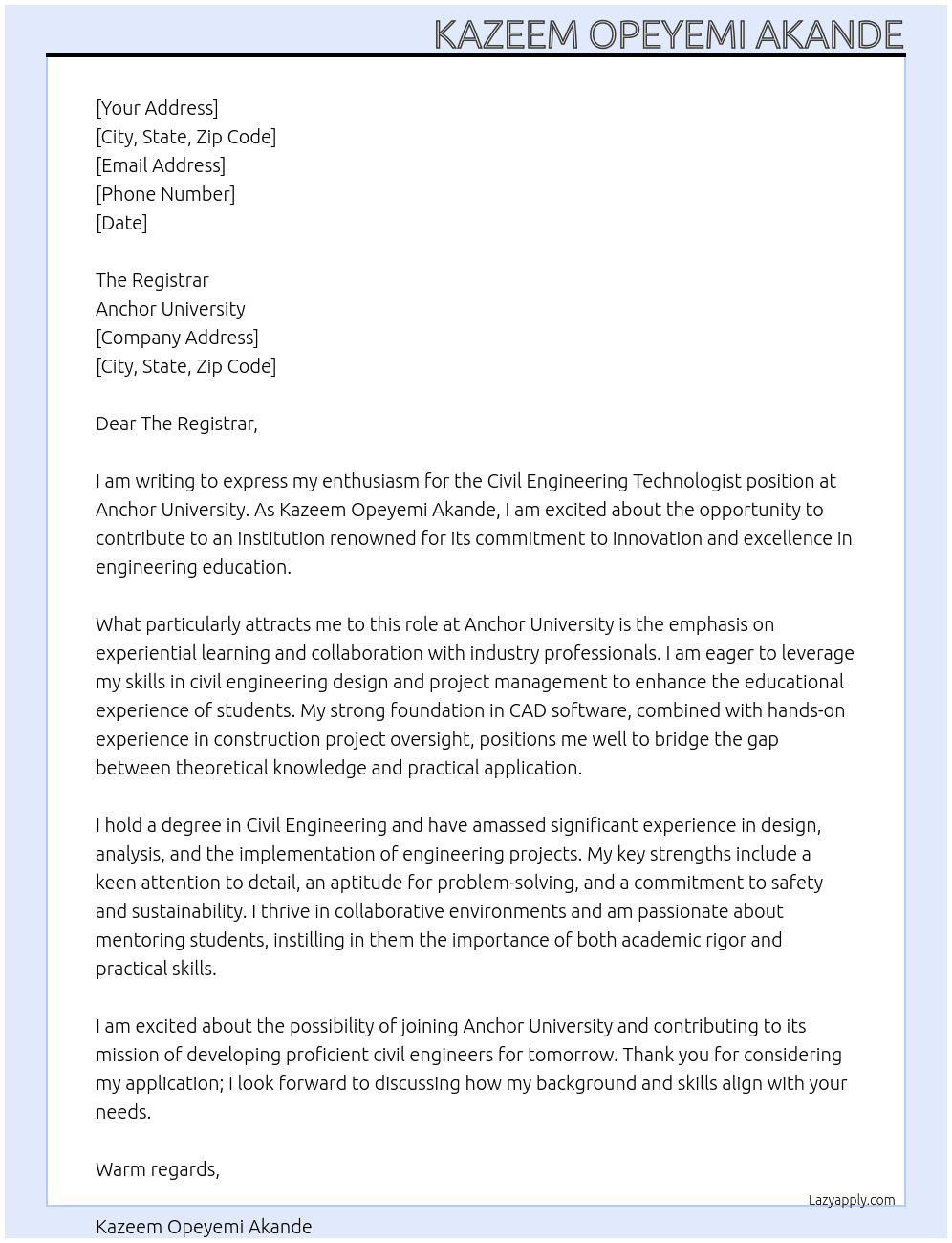 Civil Engineering Technologist At Anchor University Cover Letter