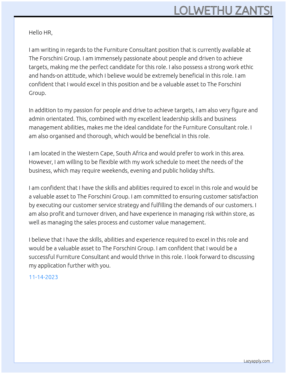 Furniture consultant  At The Forschini Group  Cover Letter