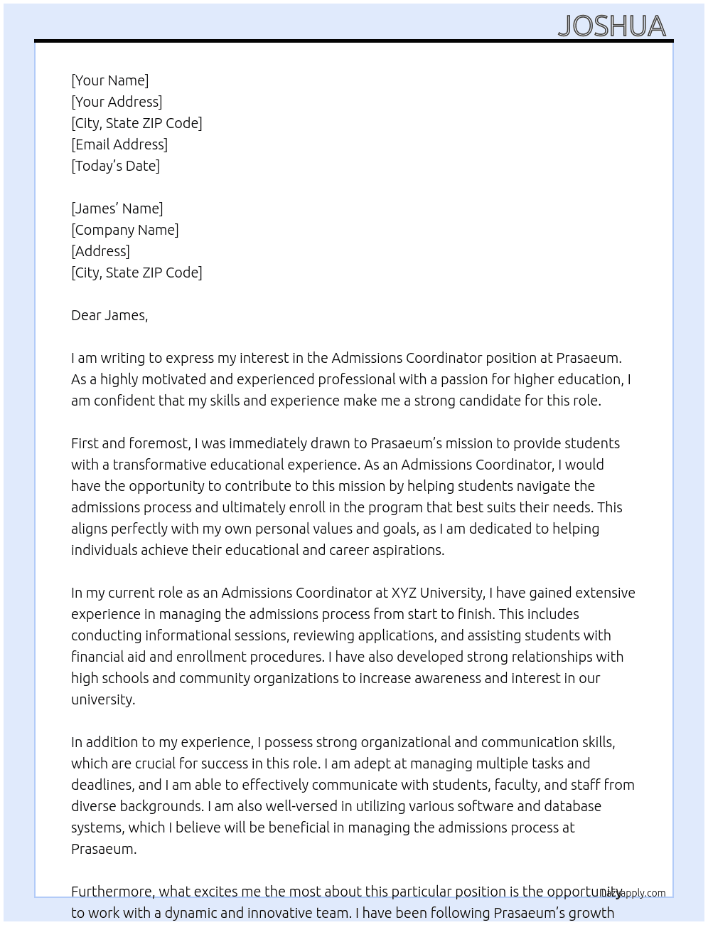 Admissions Coordinator At Prasaeum Cover Letter