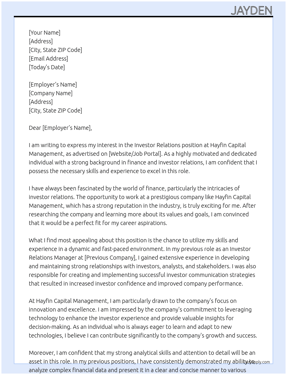 Investor relations  At Hayfin Capital Management  Cover Letter