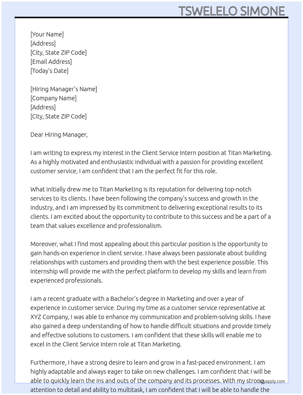 Cover letter for client service intern - LazyApply