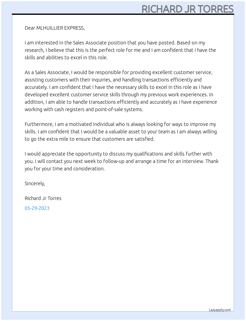 Sales Associate At MLHUILLIER EXPRESS Cover Letter