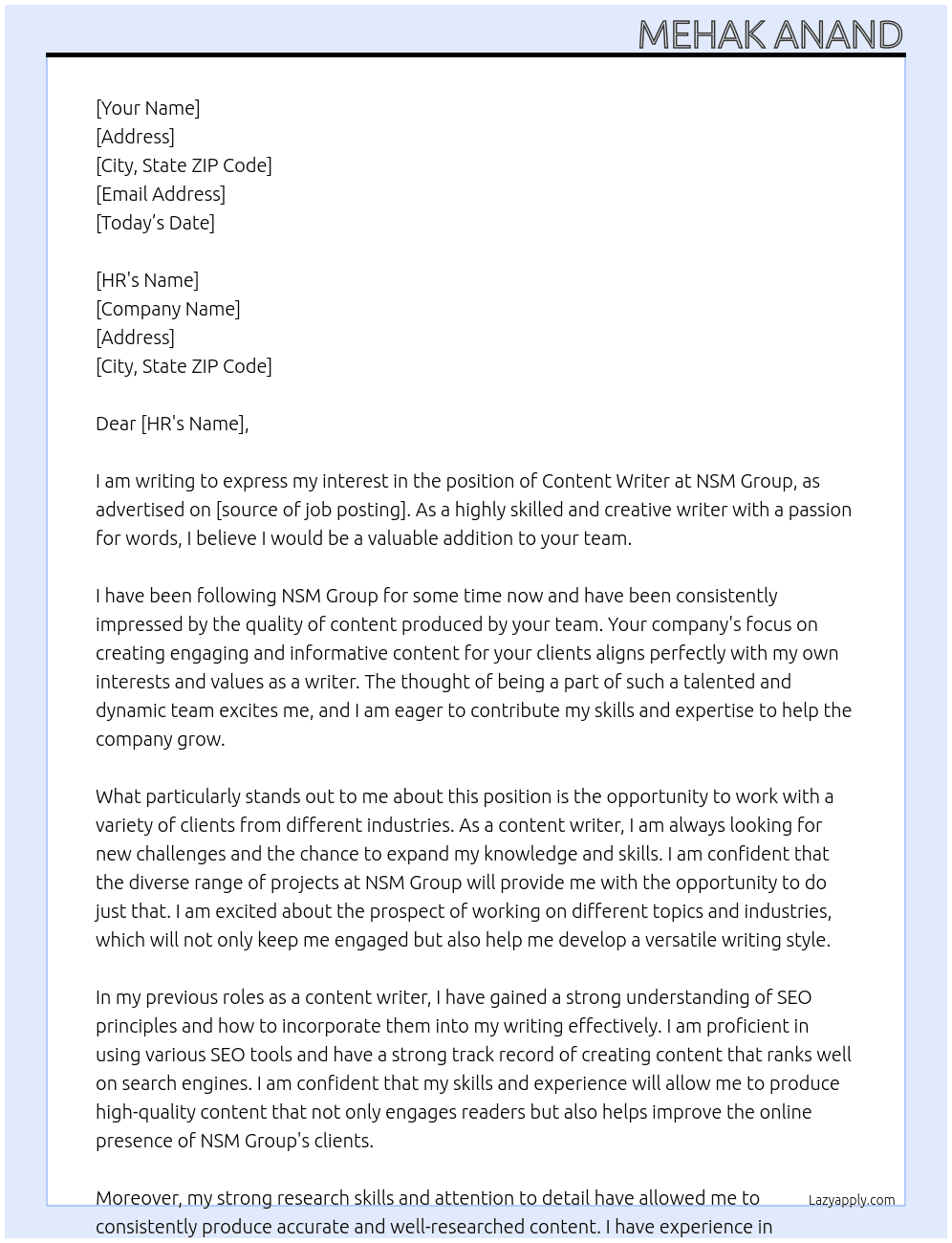 Content Writer  At NSM Group Cover Letter