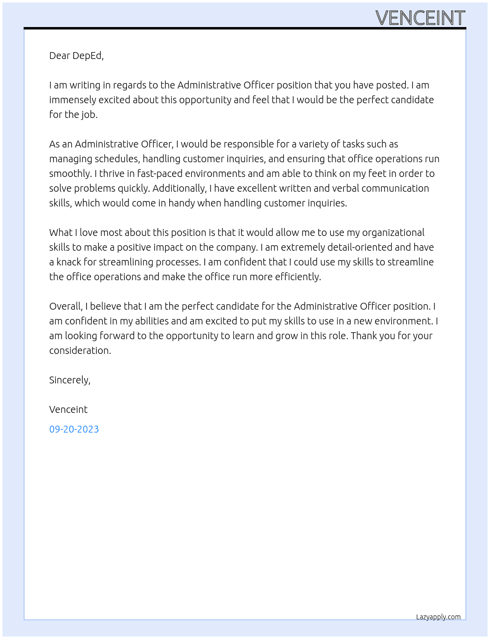 Administrative Officer At DepEd Cover Letter