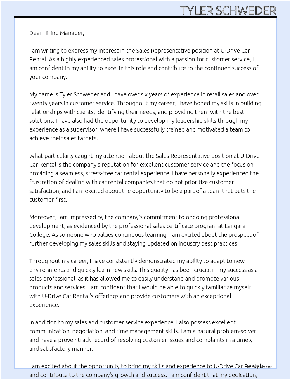 Sales Representative At U-Drive Car Rental Cover Letter