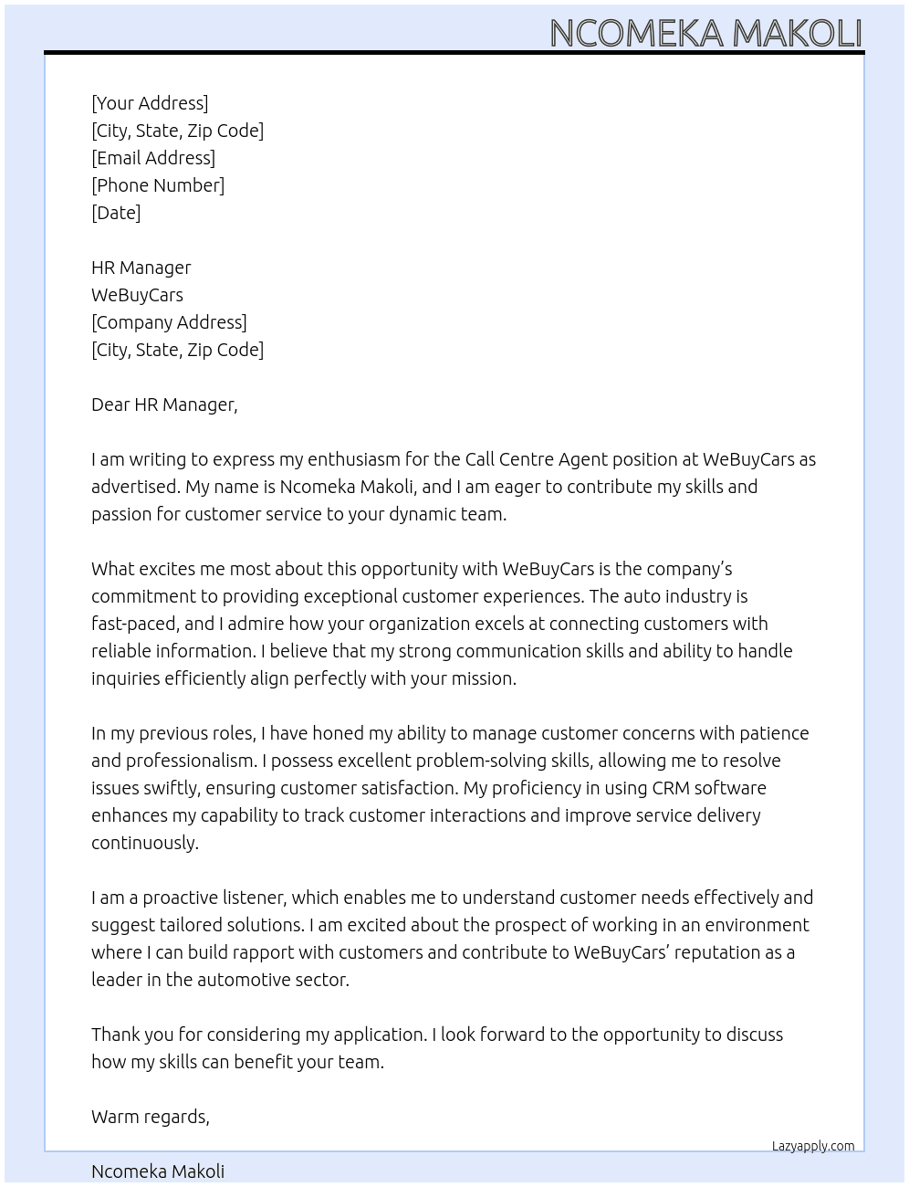 Call centre agent At WeBuyCars Cover Letter