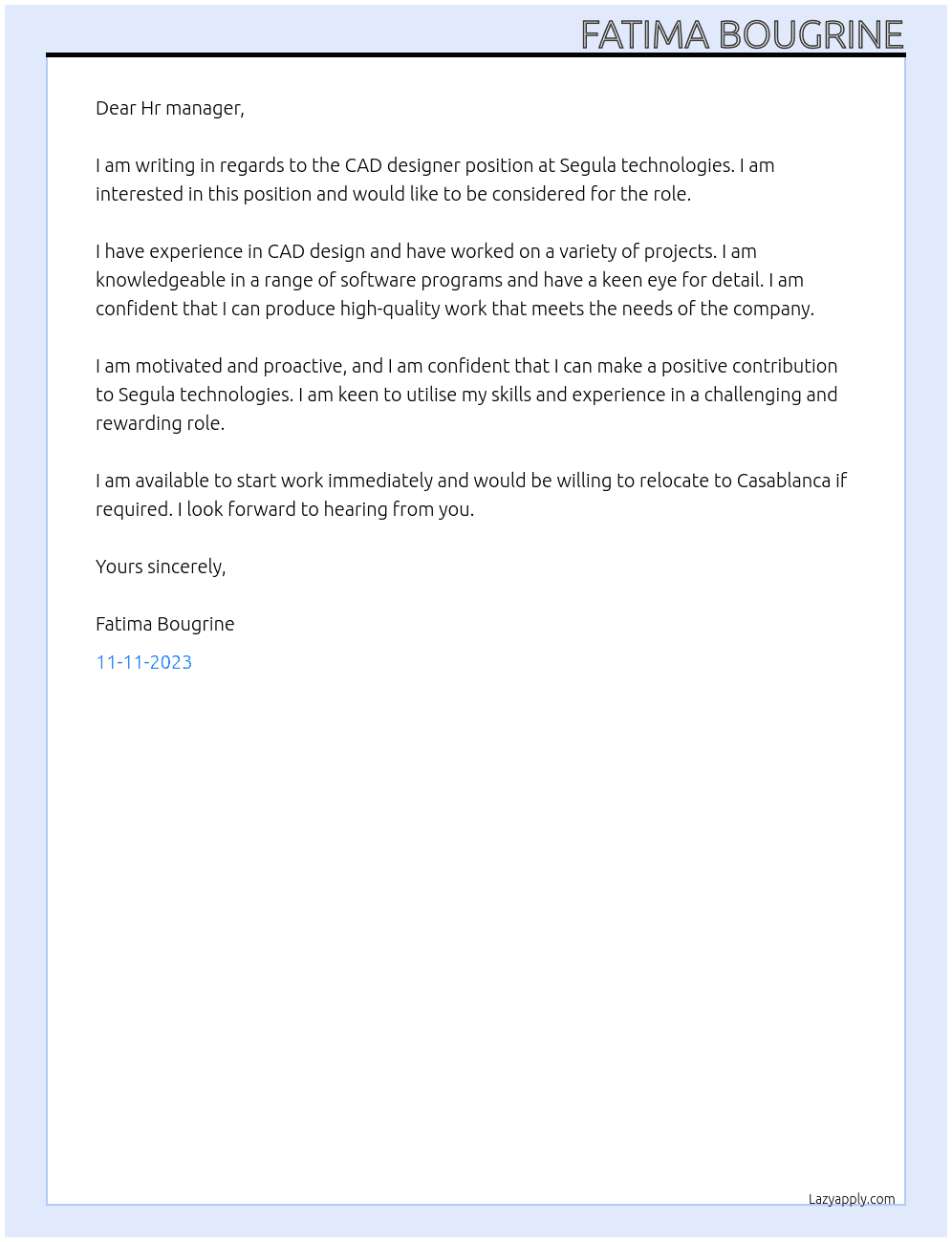 CAD designer At Segula technologies Cover Letter