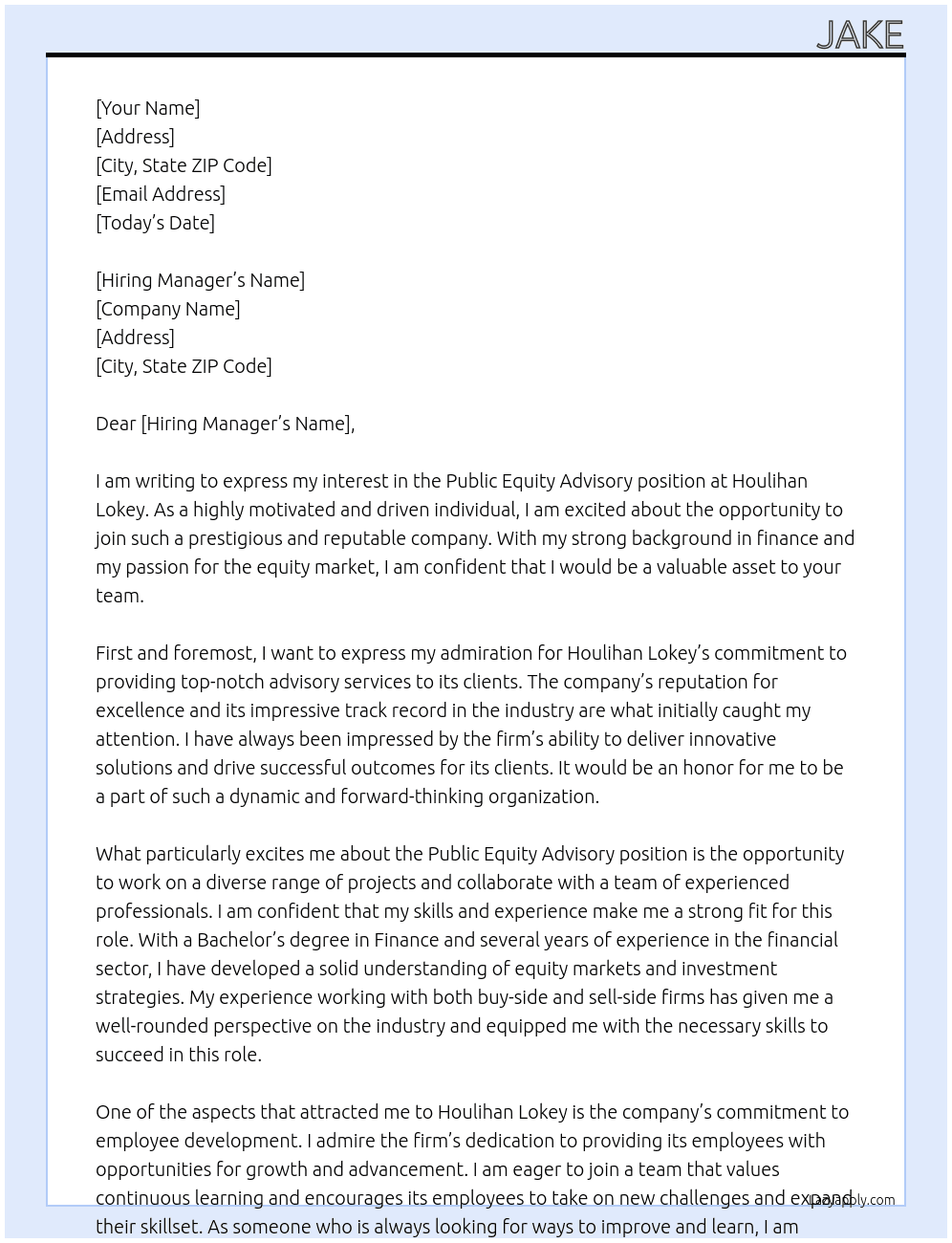 Public equity advisory At Houlihan Lokey Cover Letter