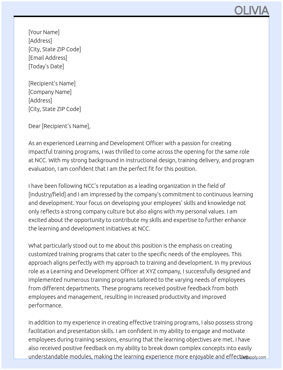 Learning and Development Officer At NCC Cover Letter