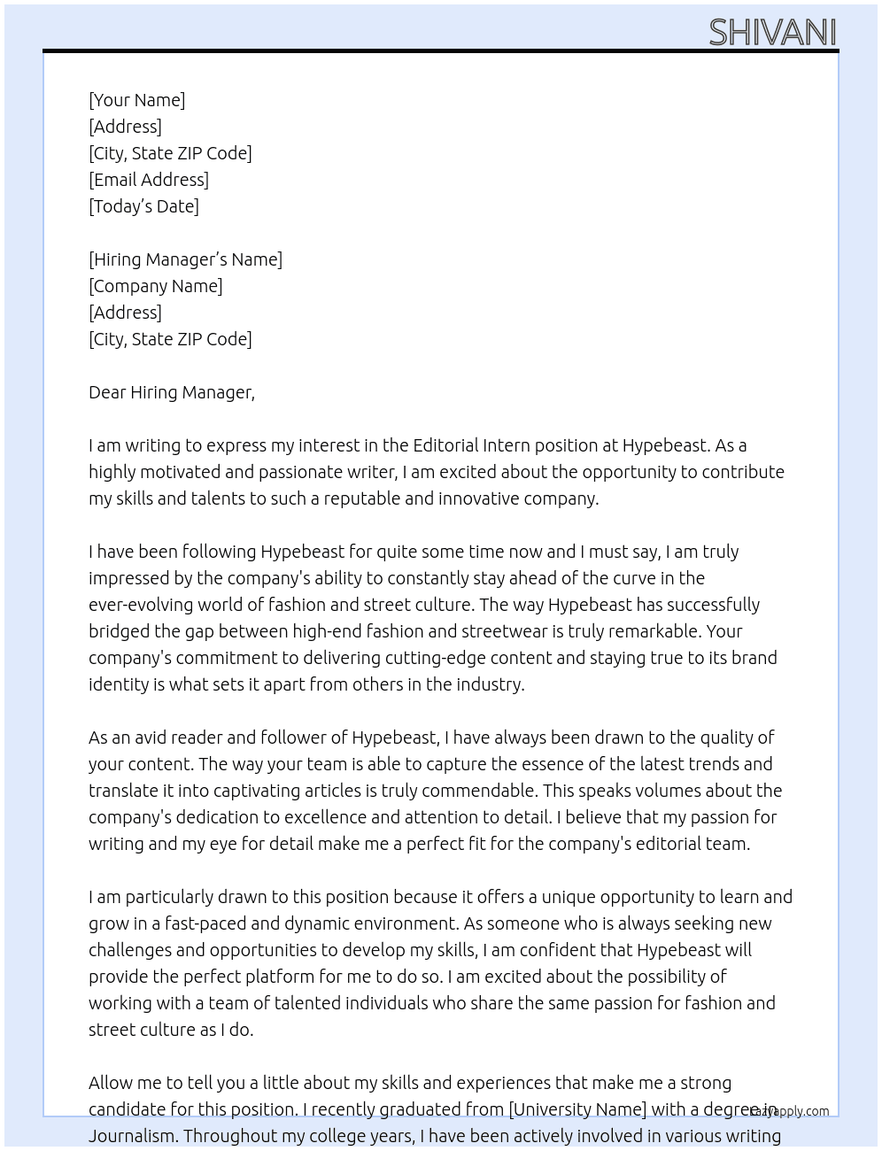 Editorial Intern  At Hypebeast Cover Letter