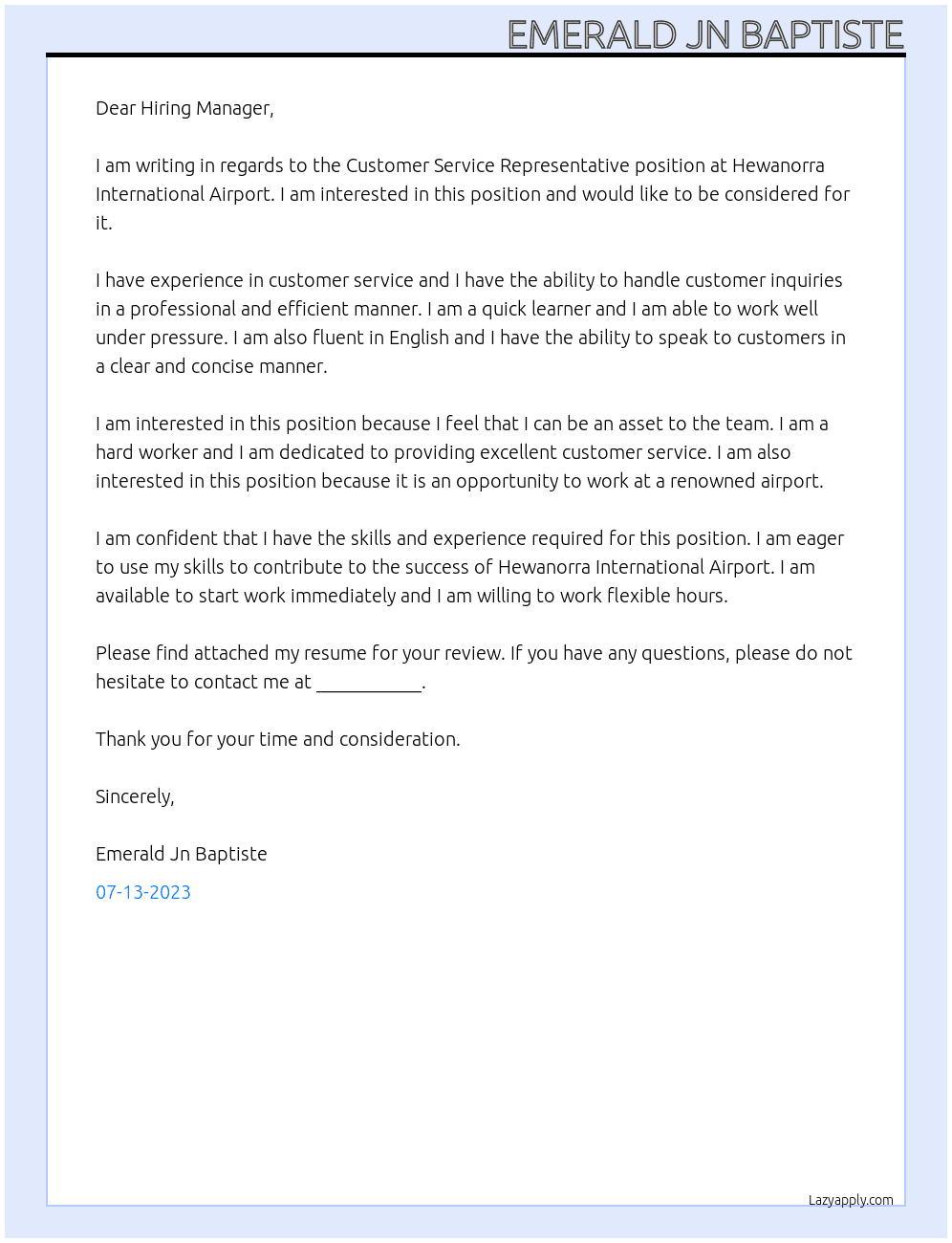 Customer Service Representative At Hewanorra International Aiport Cover Letter
