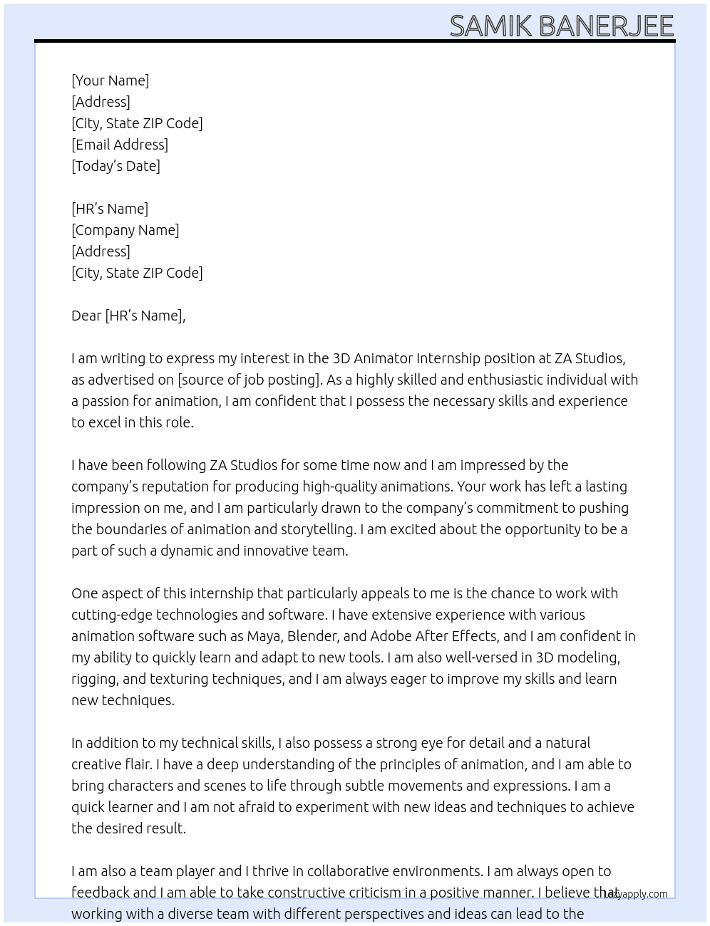 3D Animator Internship At ZA Studios Cover Letter