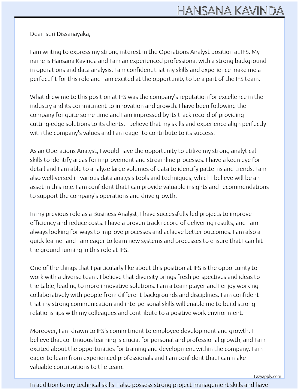 Operations Analyst At IFS Cover Letter