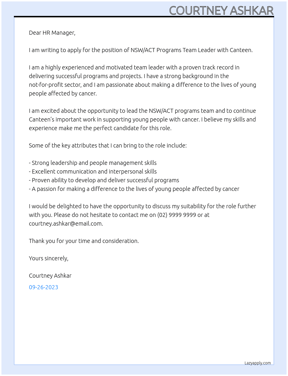  NSW/ACT Programs Team Leader At Canteen Cover Letter