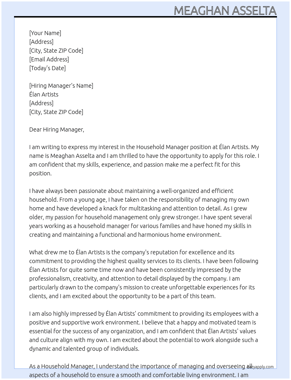 Household manager At Élan Artists Cover Letter