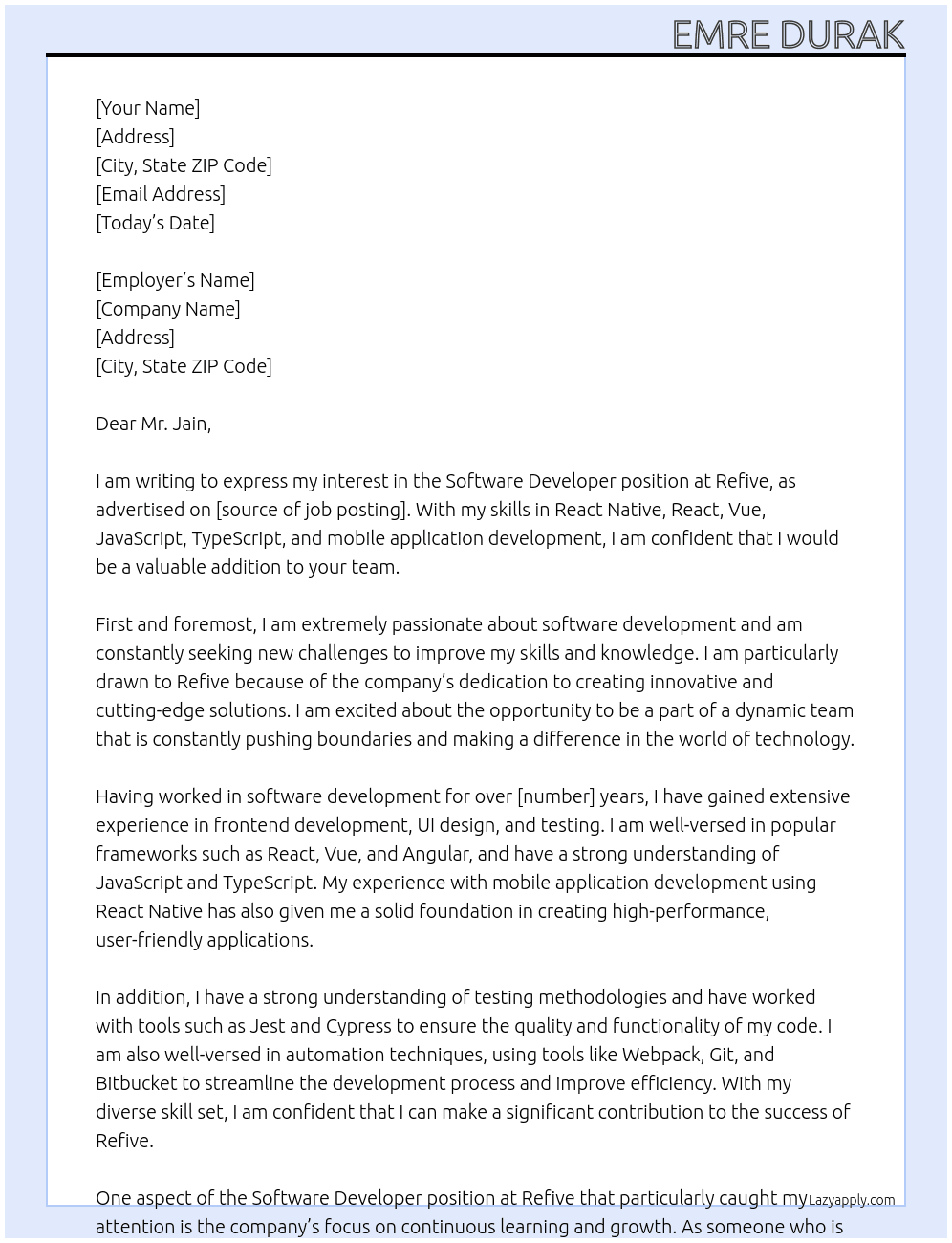 Software Developer At Refive Cover Letter