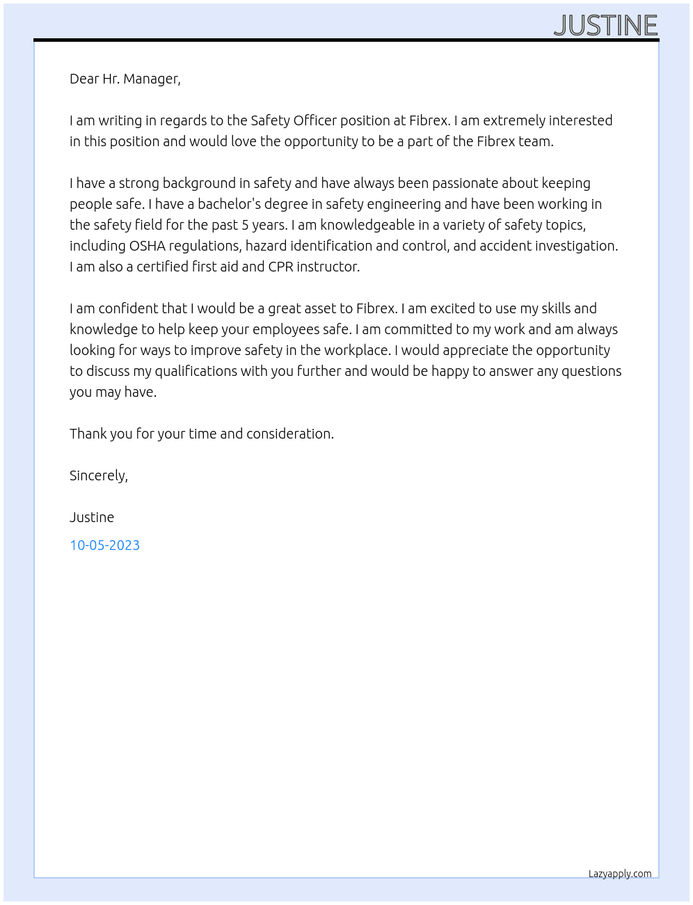 Safety Officer At Fibrex Cover Letter