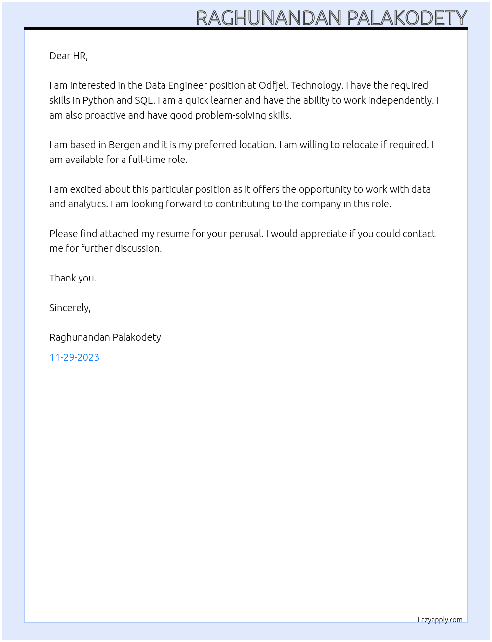 Data Engineer At Odfjell Technology Cover Letter