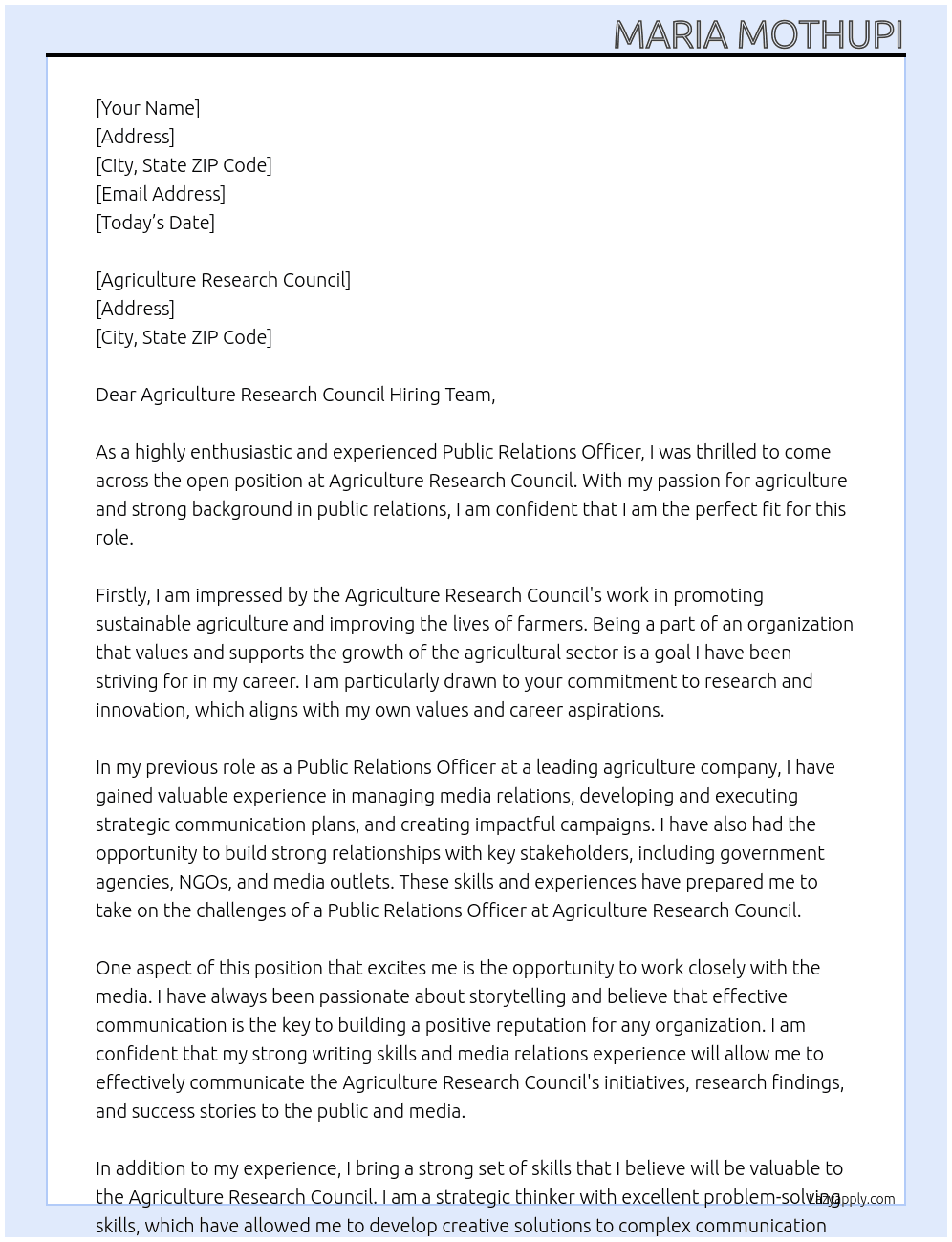 Public relations officer At Agriculture Research Council Cover Letter