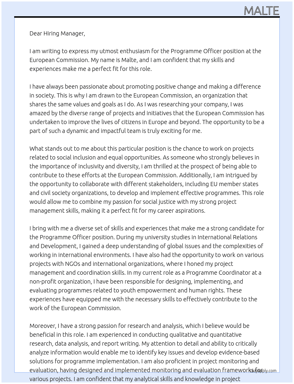 programme officer At European Commission Cover Letter