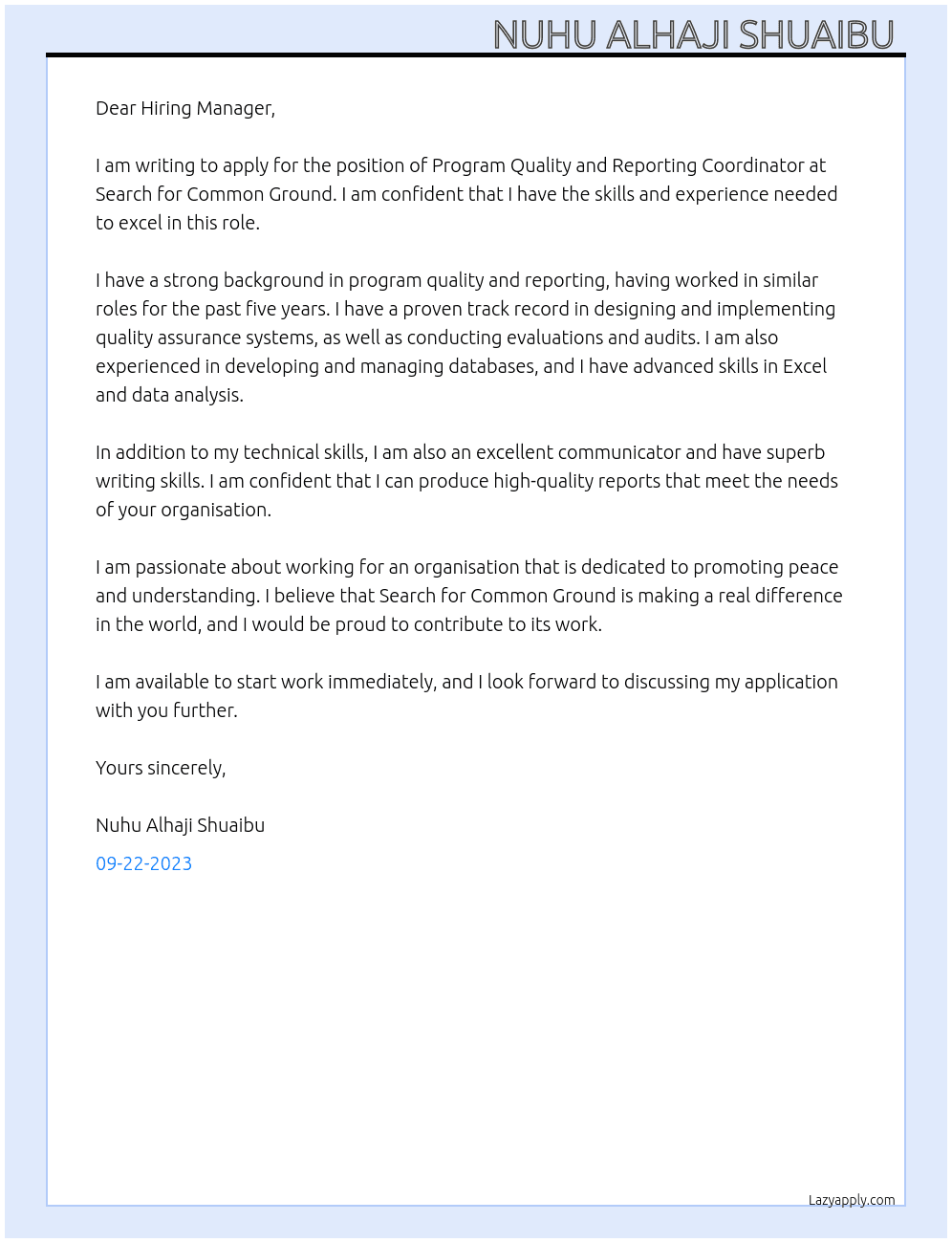 Program quality and reporting coordinator  At Search for common ground  Cover Letter