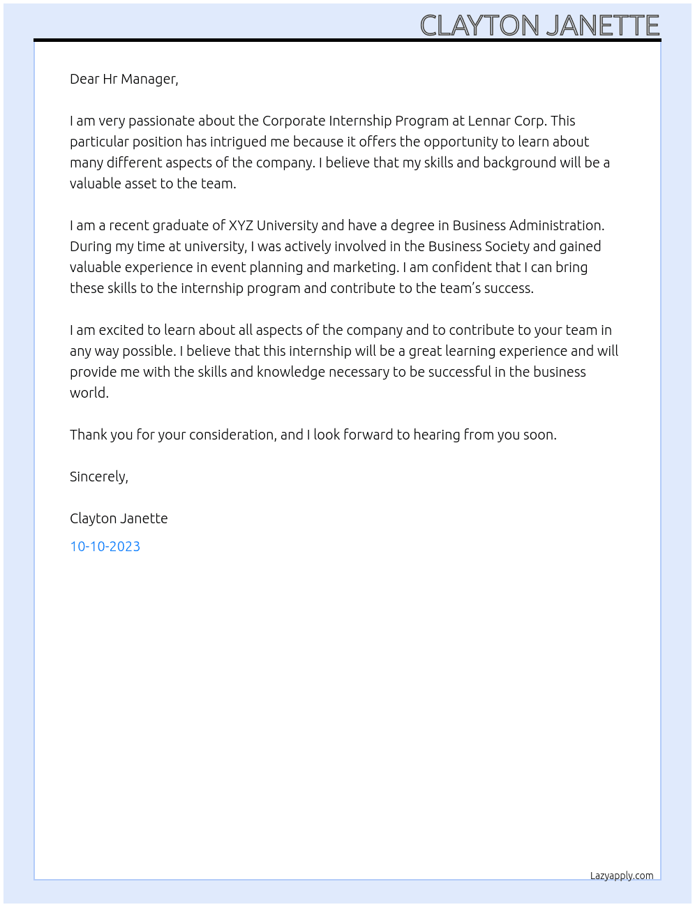 Corporate Internship Program  At Lennar Corp. Cover Letter