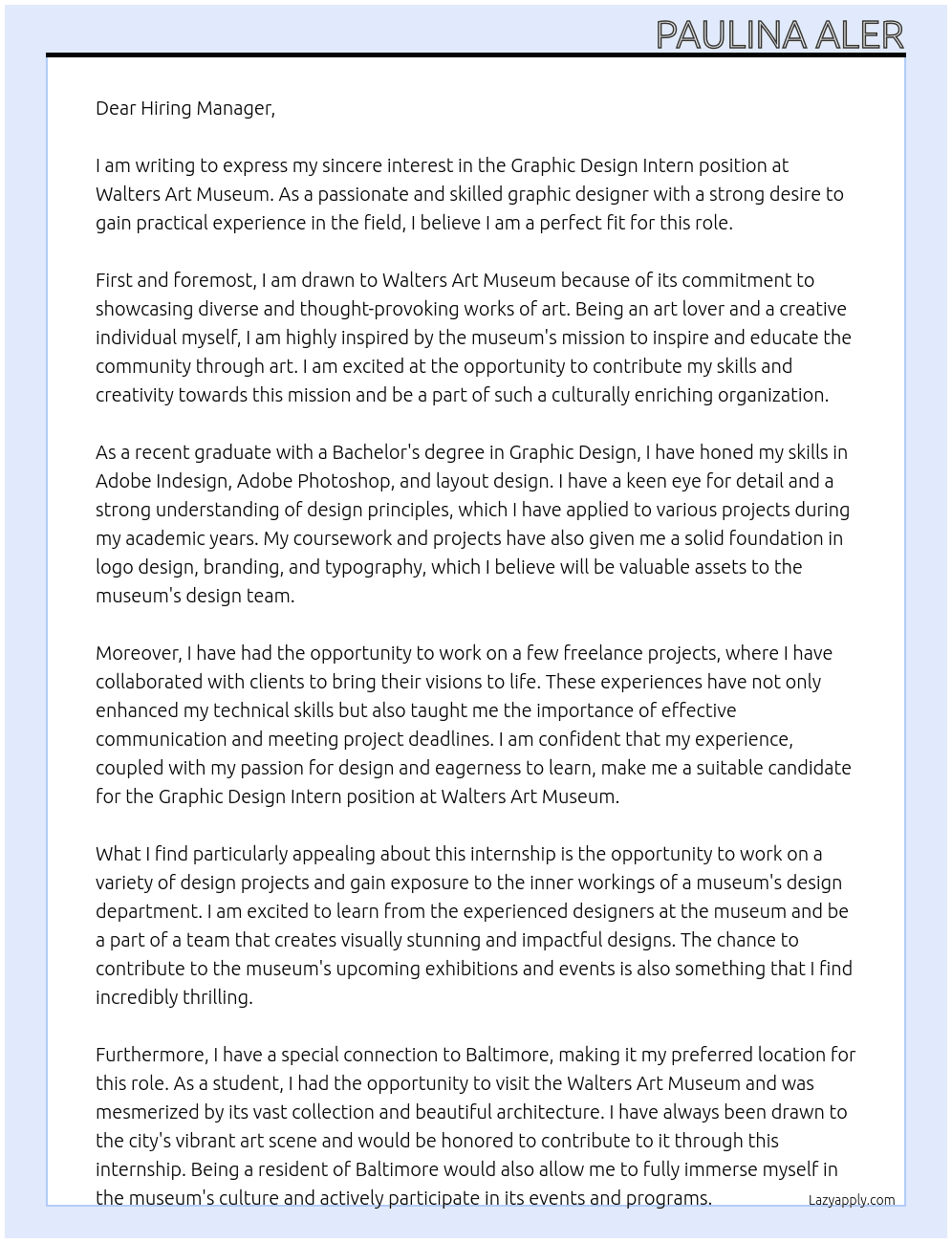 Graphic Design Intern  At  Walters Art Museum Cover Letter
