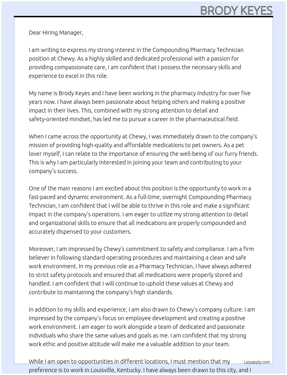 Compounding Pharmacy Technician At Chewy Cover Letter