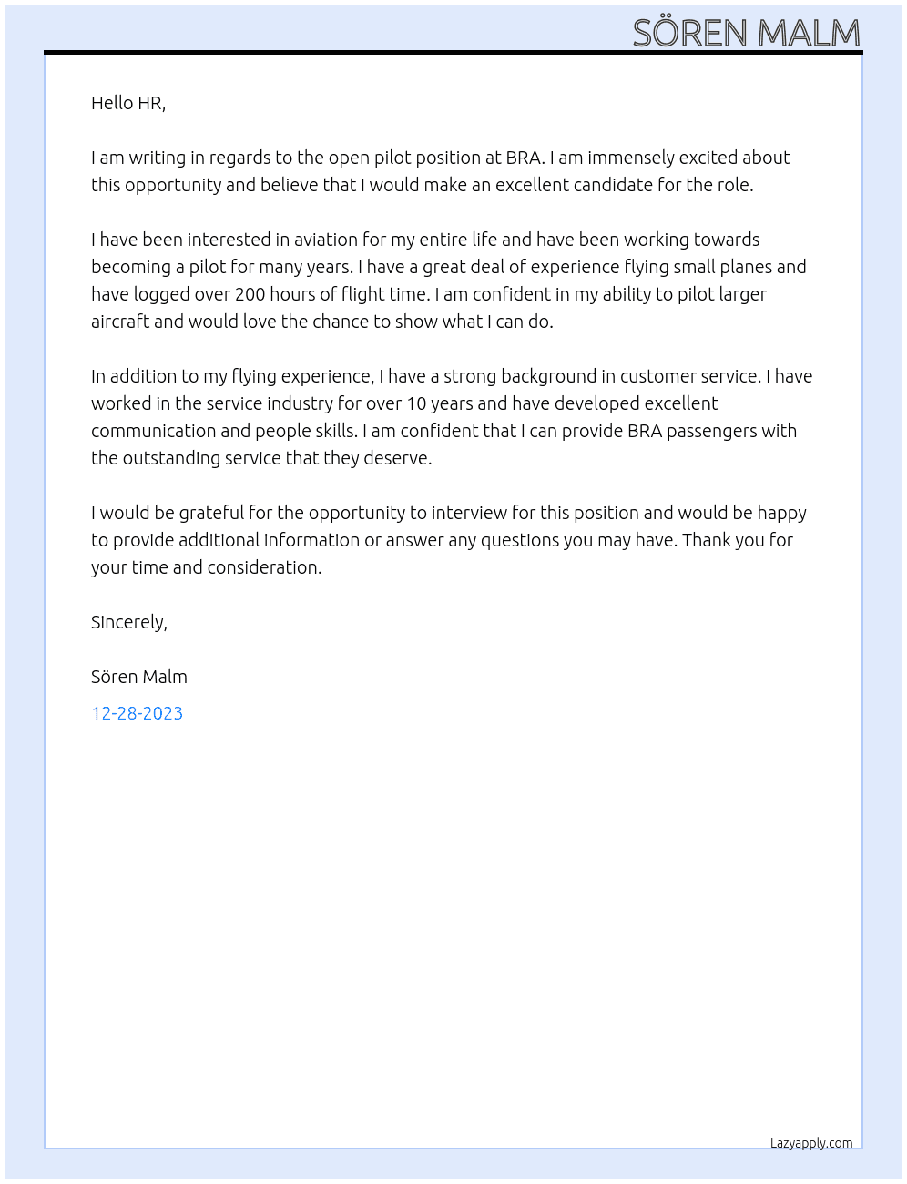 Pilot At BRA Cover Letter