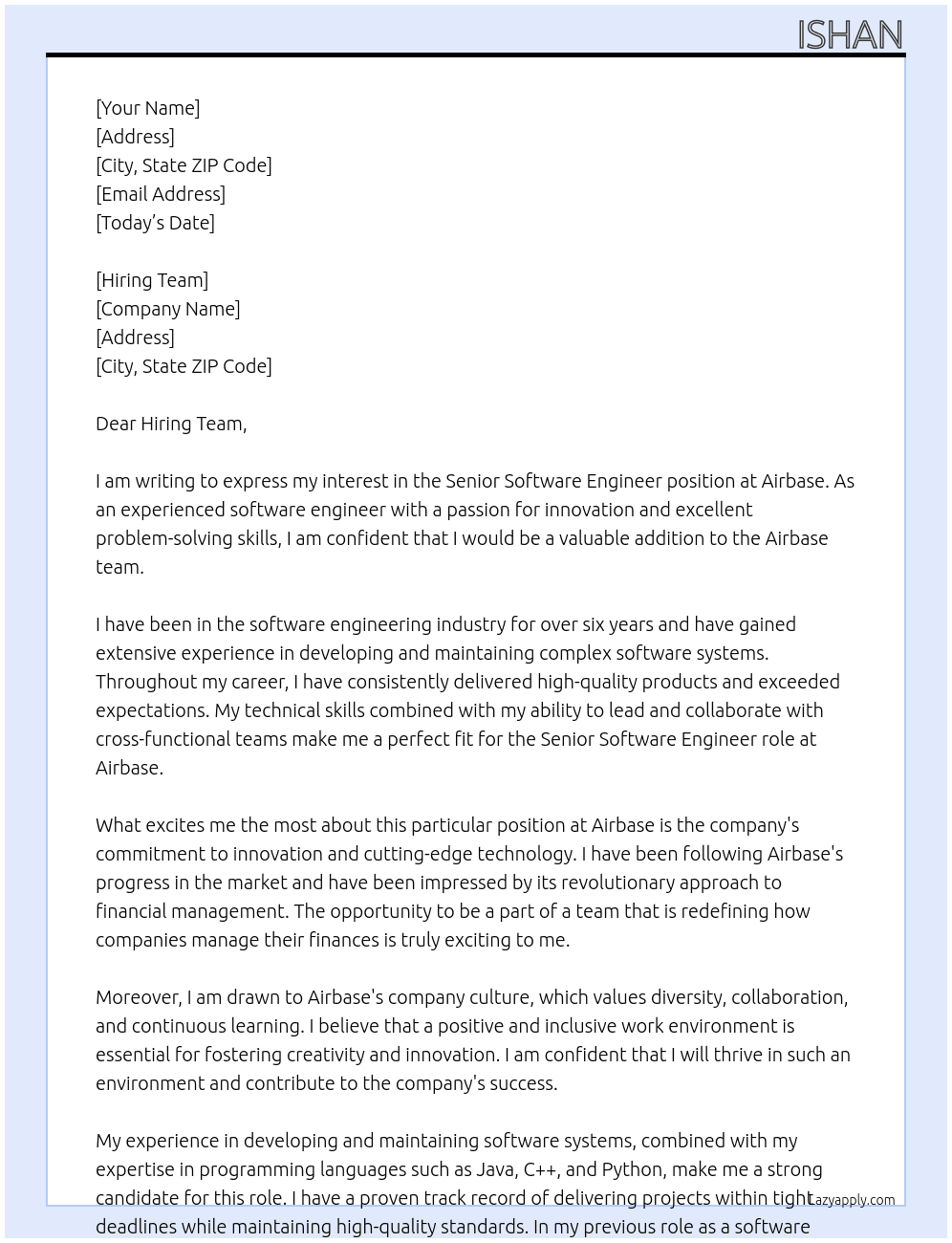 Senior software engineer At Airbase Cover Letter