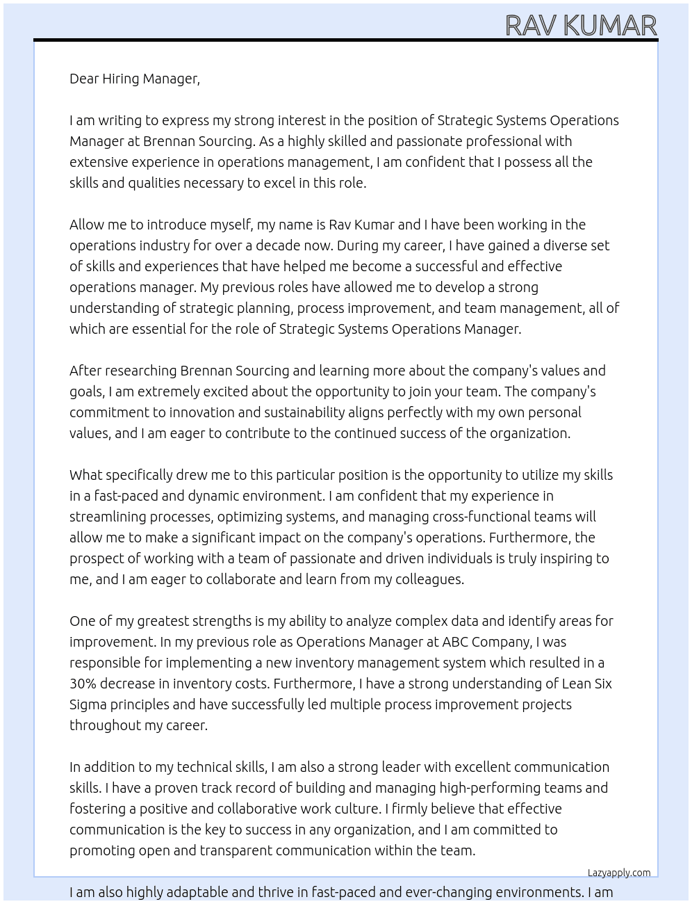 Strategic Systems Operations Manager At Brennan Sourcing Cover Letter