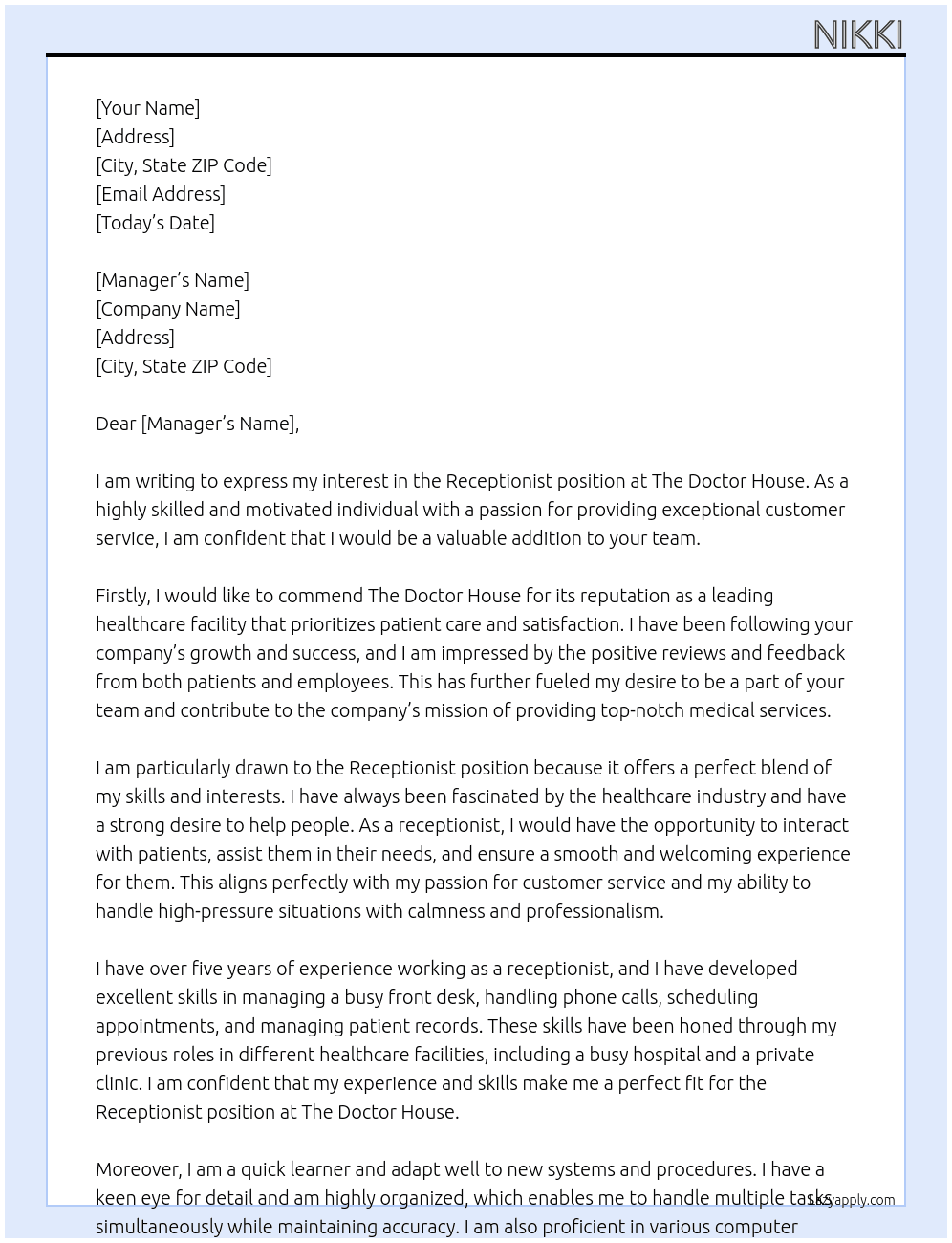 receptionist  At The Doctor house  Cover Letter