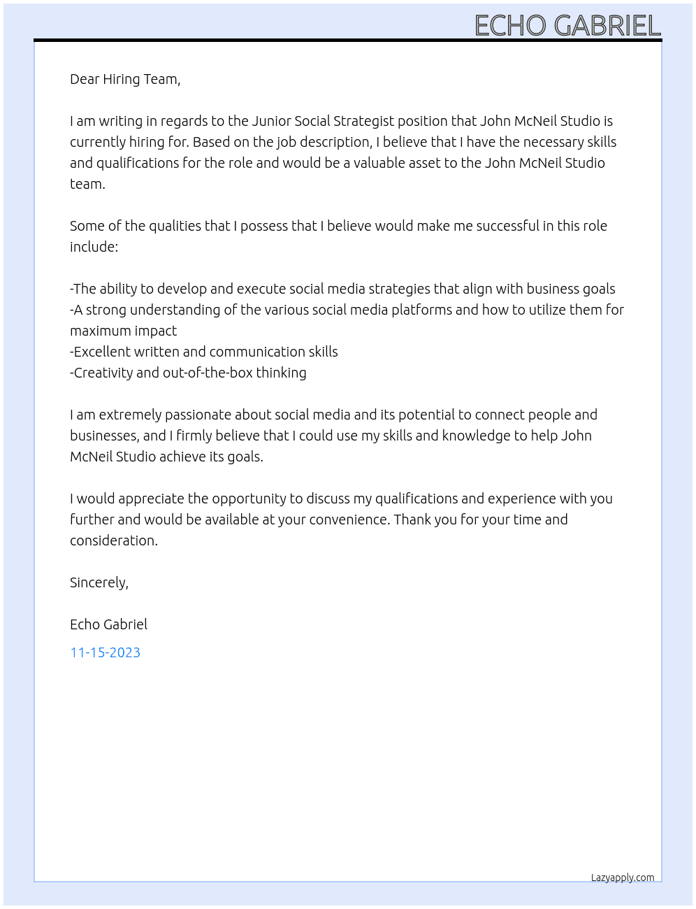 Junior Social Strategist At John McNeil Studio Cover Letter