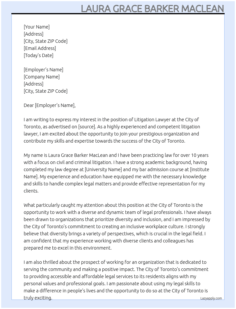 Litigation Lawyer At City of Toronto  Cover Letter