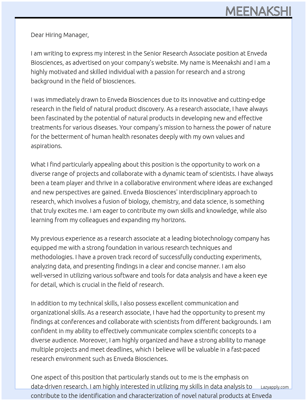 Senior Research Associate At Enveda Biosciences Cover Letter