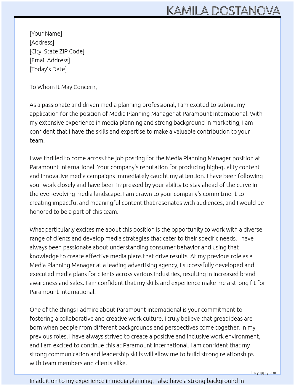 Media Planning Manager At Paramount International Cover Letter