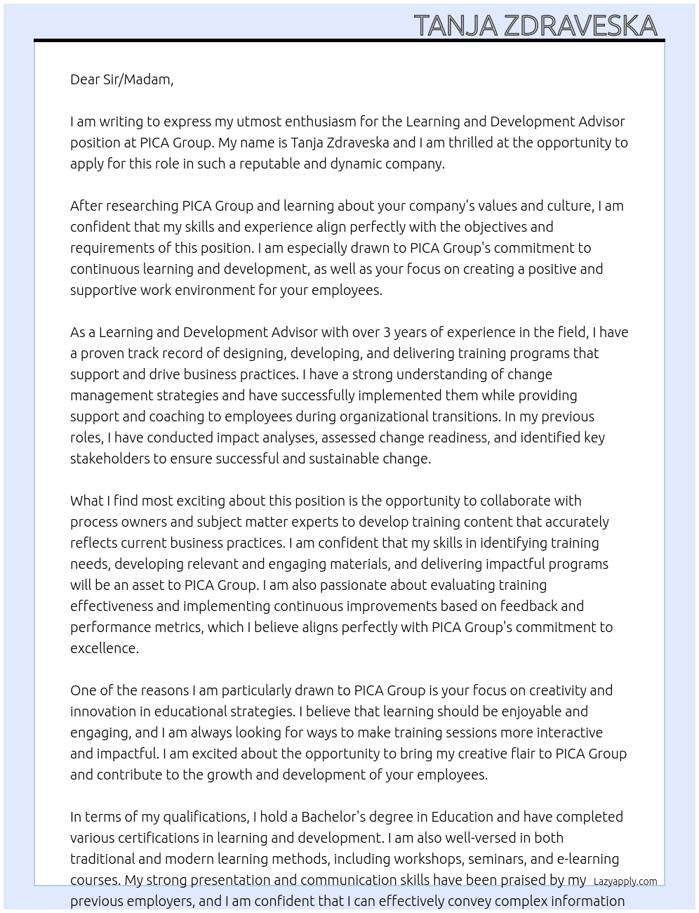 Learning and Development Advisor At PICA Group Cover Letter