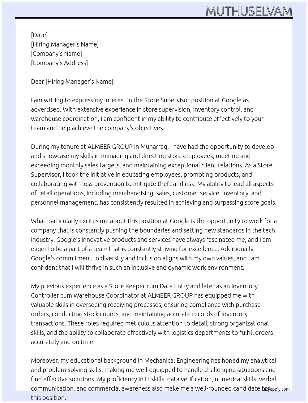 Store supervisor  At Google Cover Letter
