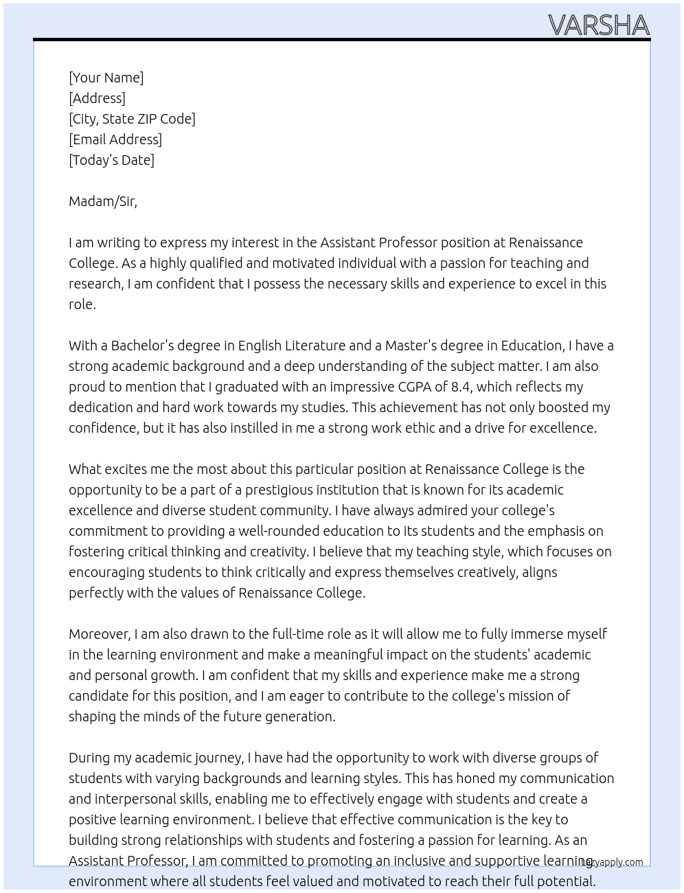 Assistant Professor  At Renaissance College  Cover Letter