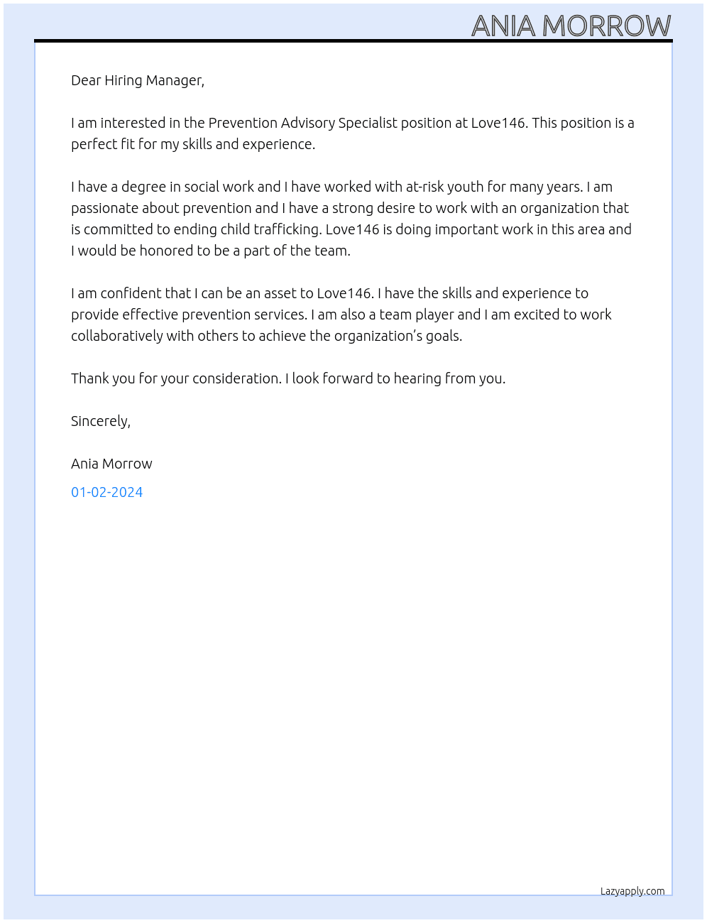 Prevention Advisory Specialist At Love146  Cover Letter