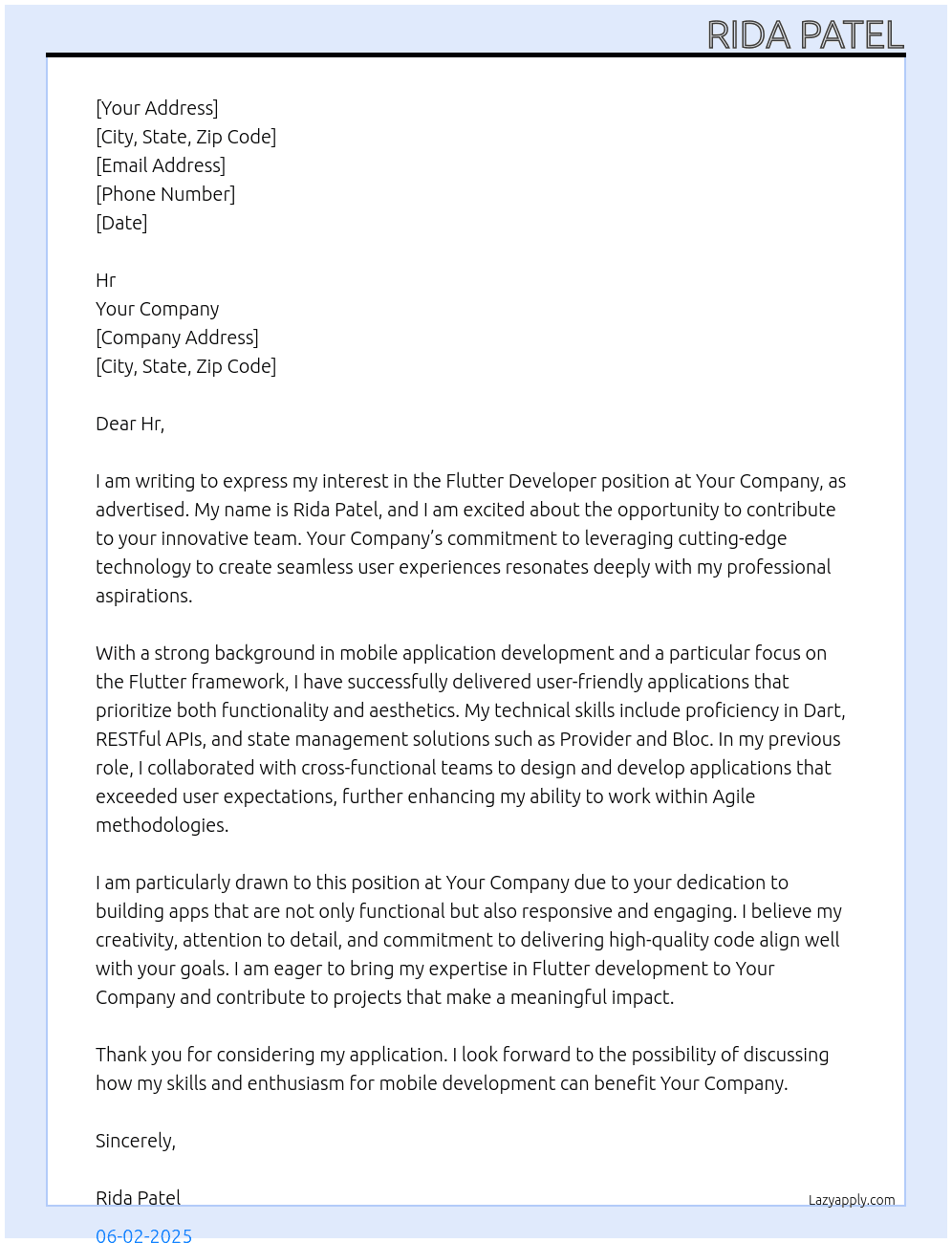 Flutter Developer  At Your Company  Cover Letter